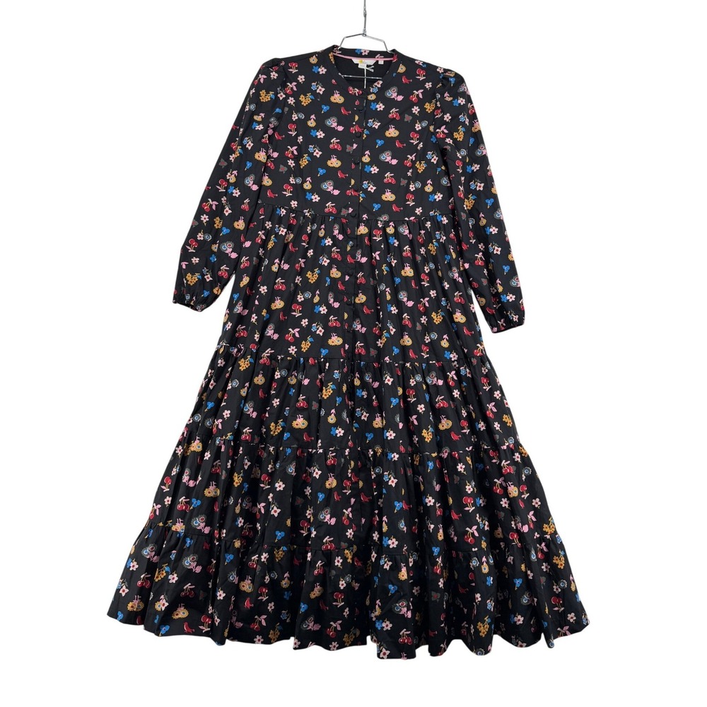 Boden Tiered Maxi Dress Women 12P Black Floral Cherry Bird NEW Button Front Long